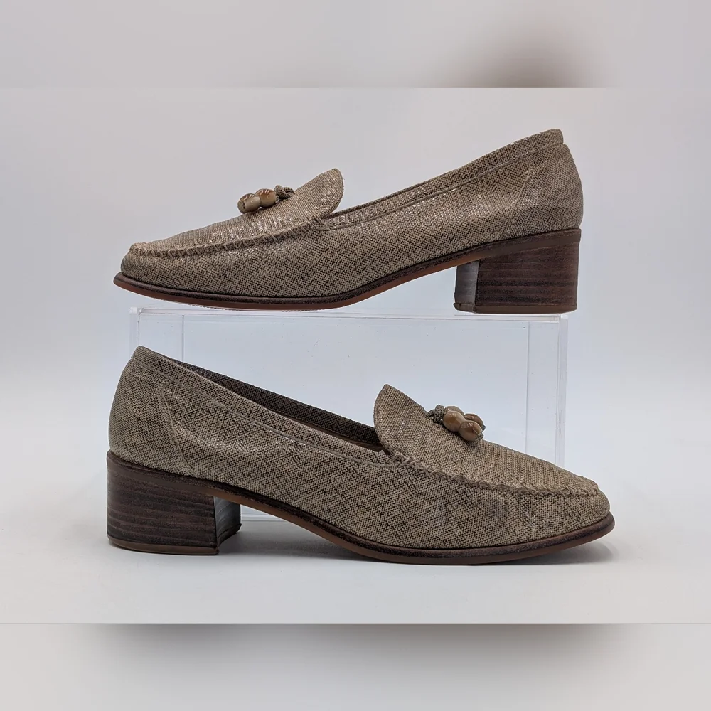 Stuart Weitzman Taube Woven Loafer Size 8.5 Wooden Beads Block Heel Square Toe - Picture 9 of 16